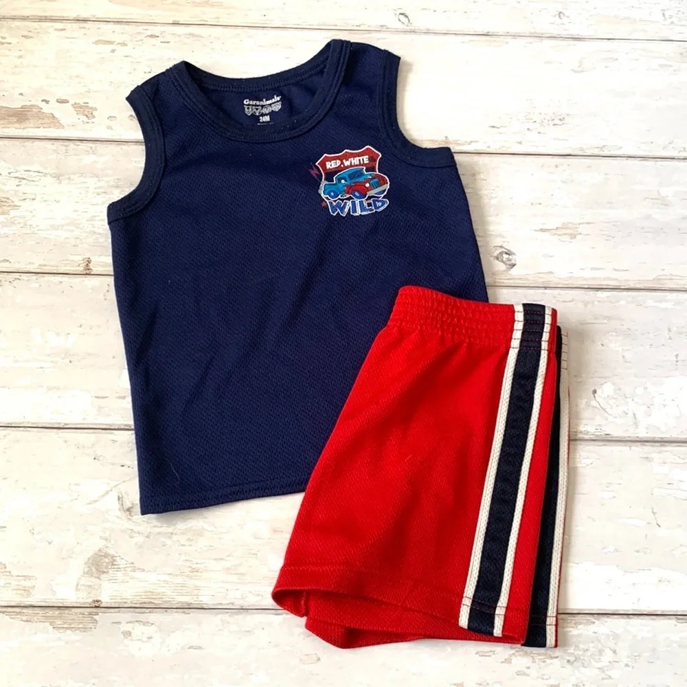 Baby Boys 24m Summer Outfit Athletic Red Shorts Navy Blue Tank Top Shirt Summer